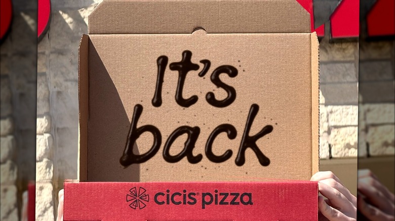 Open Cicis Pizza box with "It's back" on the inside of the lid