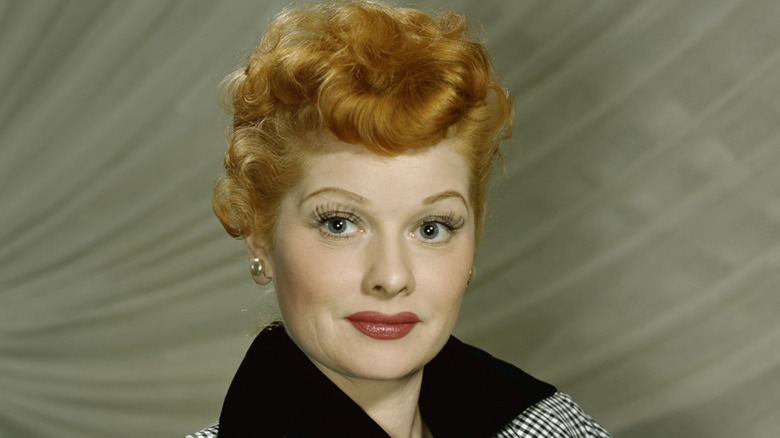 Close-up of Lucille Ball in checked coat