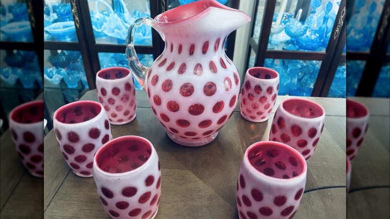 Vintage Fenton Cranberry Opalescent Coin Dot ice lip water pitcher