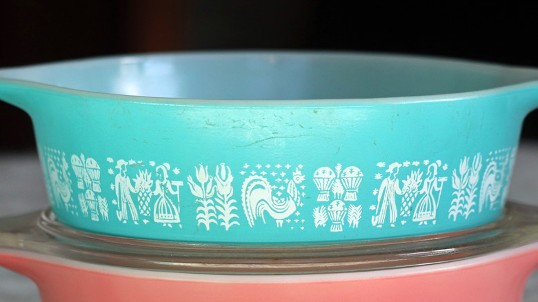Pyrex turquoise casserole dish in Butterprint pattern