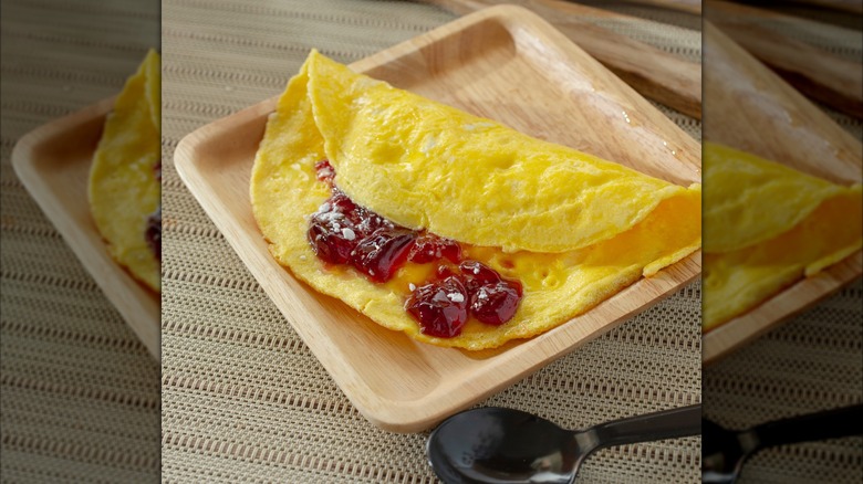 A jelly omelet on a small tray.