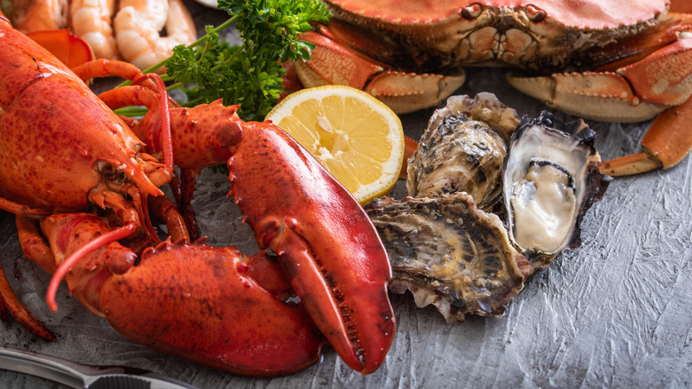 A variety of raw shellfish with herbs and a slice of lemon.
