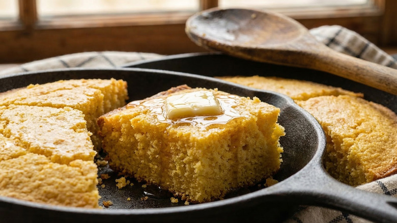 Fresh cornbread cooked in a cast iron skillet with butter melting on top
