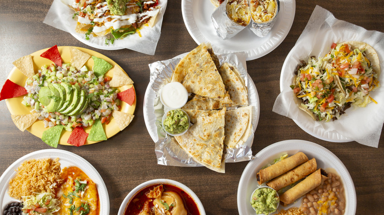 A top down view of several Mexican entrees