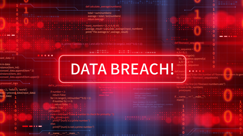 red glowing words spelling "data breach" surrounded by digital code
