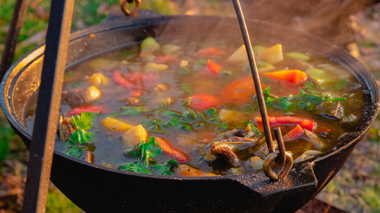 Pot simmering over fire
