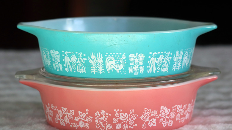 blue and pink patterned pyrex bakeware