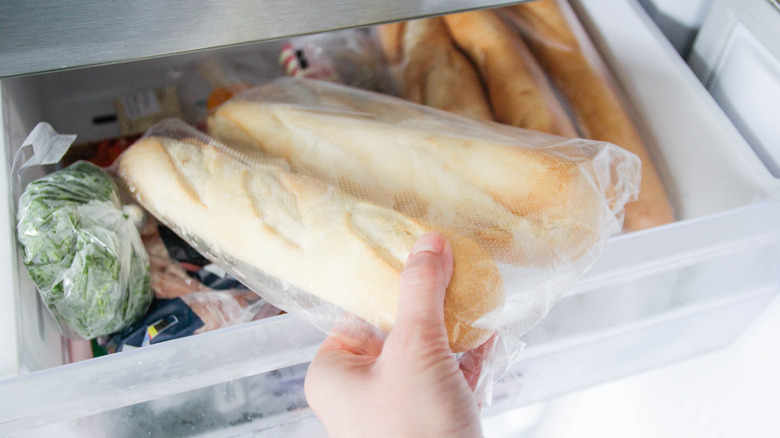 Frozen baguettes in freezer
