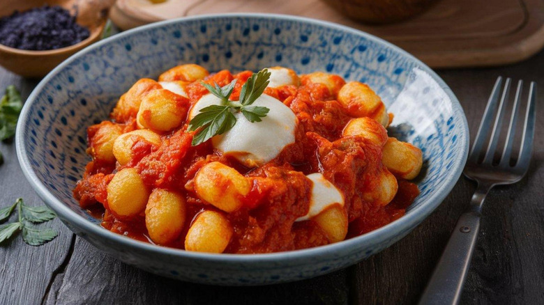 bowl of gnocchi in tomato sauce with melted mozzarella.