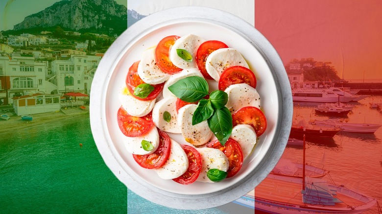 Plate of Caprese salad with Italian flag
