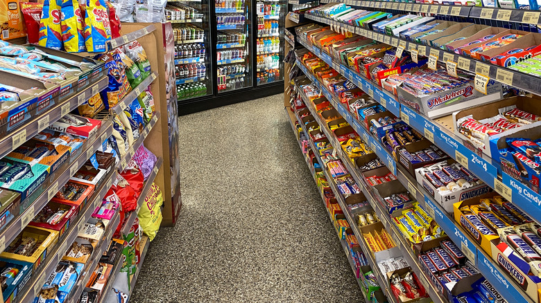 Aisle of gas station snacks 