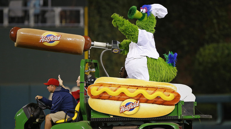 Philadelphia Phillies mascot with hot dog cannon