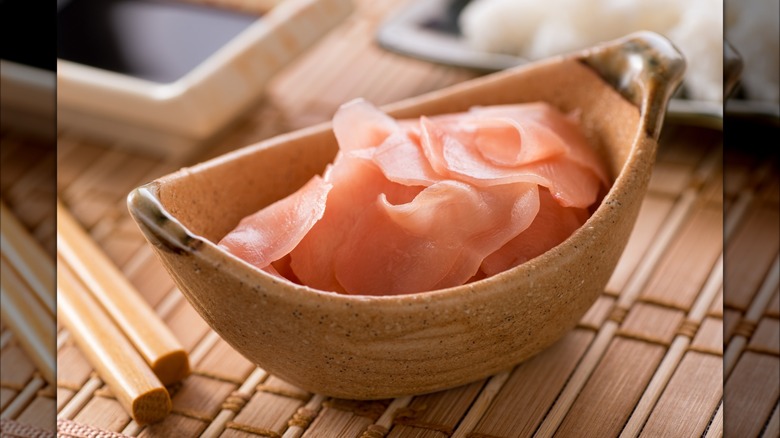 pickled ginger in wood bowl