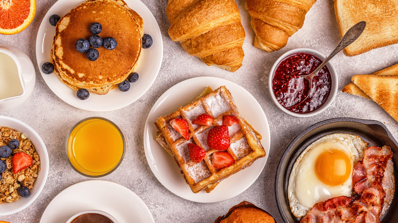 Overhead view of brunch spread on table