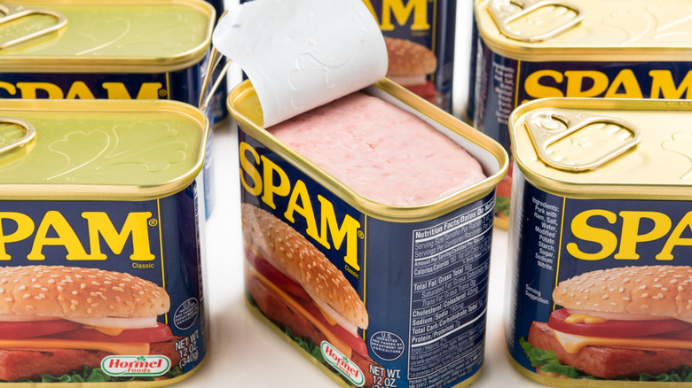 Open Can of SPAM and seven unopened cans of SPAM isolated on a white background.