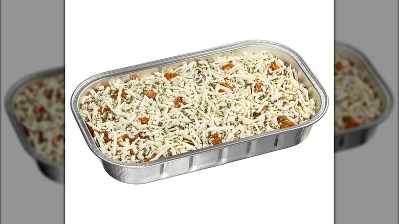 An unbaked tray of Costco's ravioli lasagna