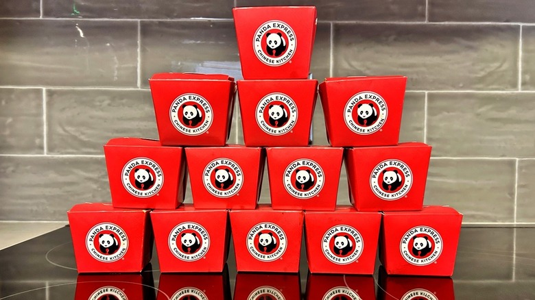 Panda Express takeout boxes stacked into a pyramid