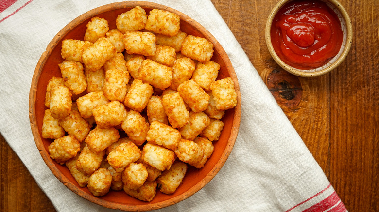 Bowl of tater tots with a side of ketchup