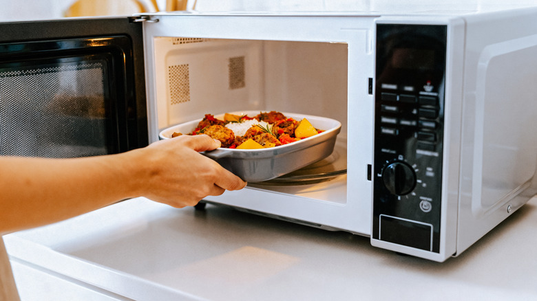 Person placing food into a microwave