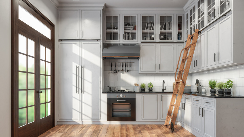 Kitchen with ceiling-high cabinets and an attached, rolling ladder