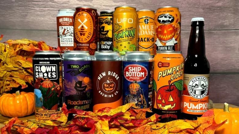 An assortment of 12 pumpkin beers, with 11 in aluminum cans and one in a glass bottle