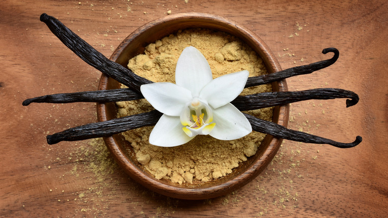 Vanilla bean pods with flower