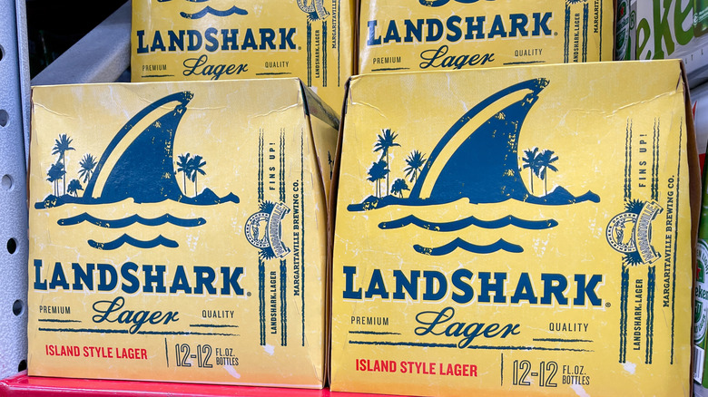 Cases of Landshark Lager on a shelf