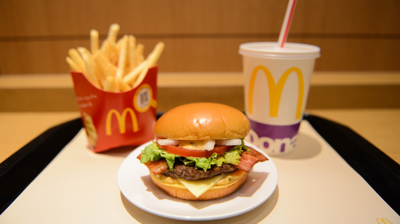 mcdonald's burger, fries and drink