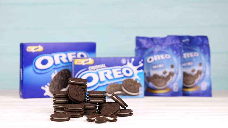 Oreo cookies stacked with packages
