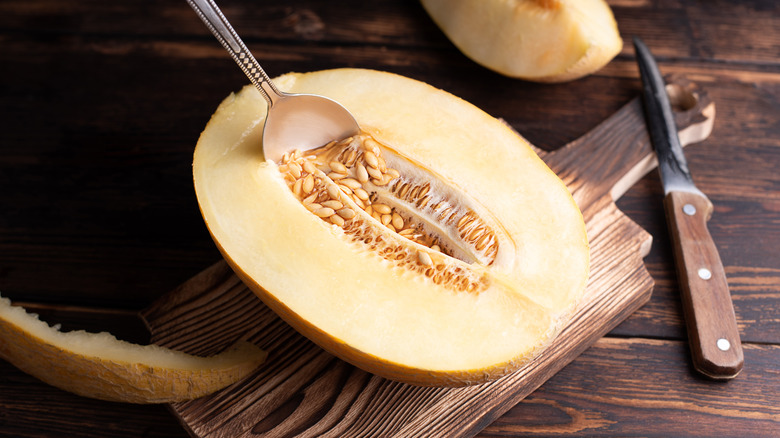 Close-up shot of cantaloupe seeds
