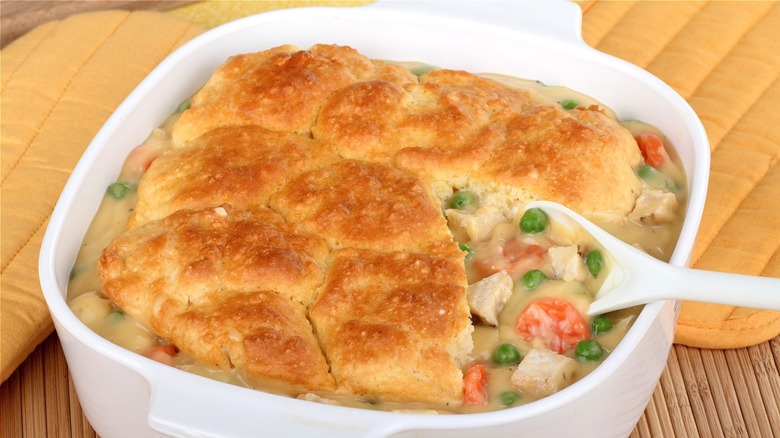 Chicken and biscuit casserole with spoon