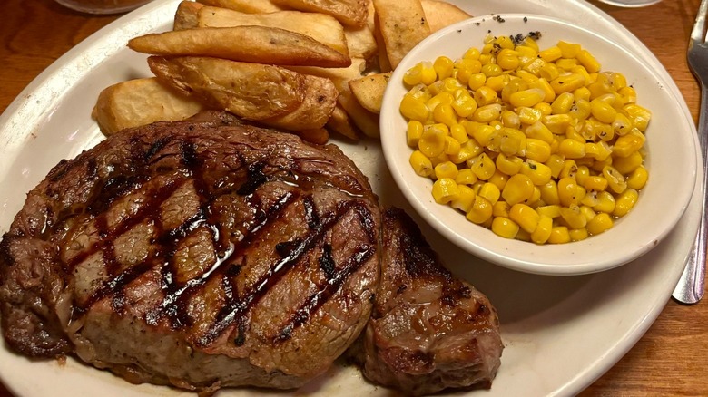 steak, fries, and corn