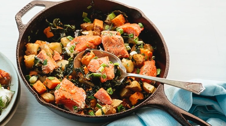 Salmon hash in cast iron skillet