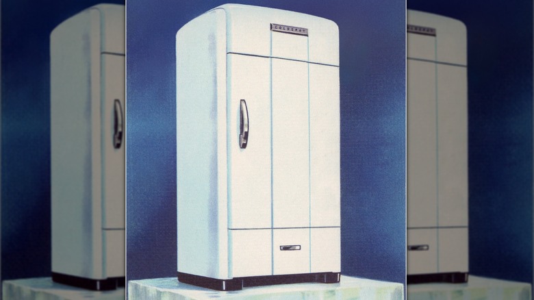 A 1940s advertisement of a white Gold Seal Coldspot electric refrigerator against a blue background.