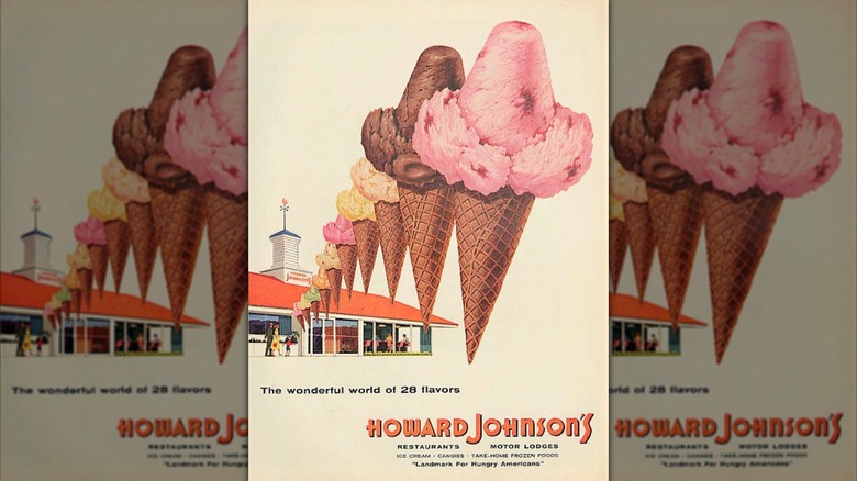 A vintage advertisement for Howard Johnson's, depicting a row of colorful ice creams highlighting the selection of flavors on offer at its restaurants