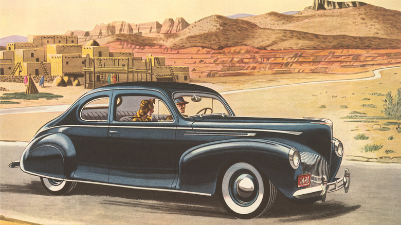 A vintage illustration of a couple driving down a highway in a classic car
