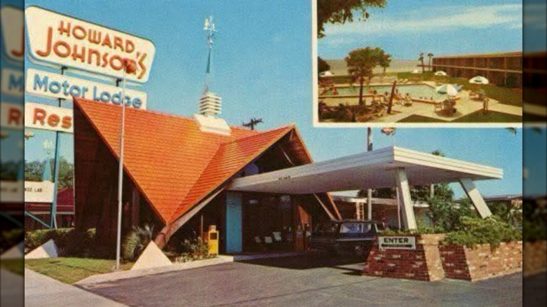 The exterior of a Howard Johnson's motor lodge, circa 1970s