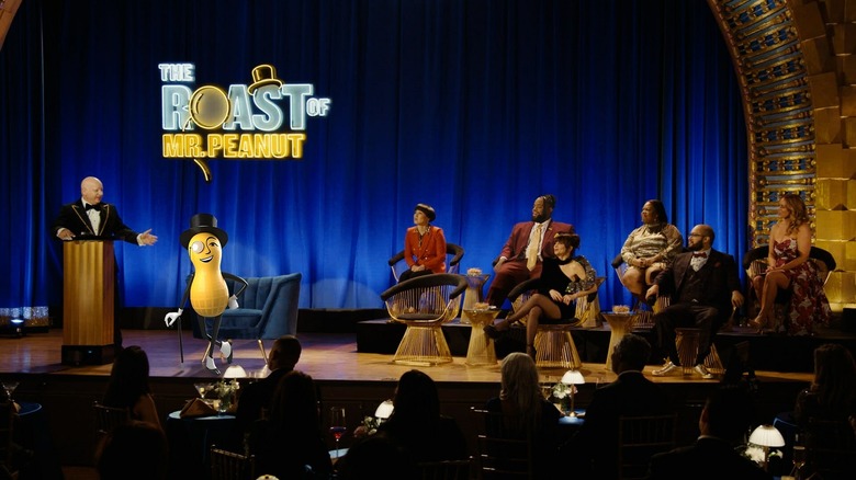 comedians roast Mr Peanut onstage