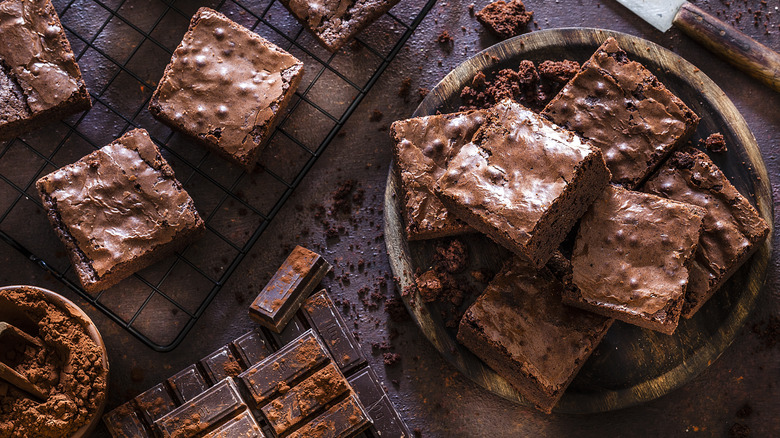 Sliced brownies on kitchen counter