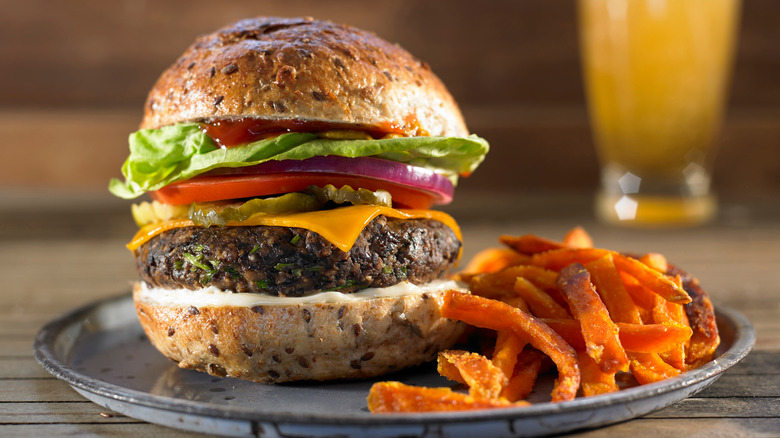 veggie burger with sweet potato fries