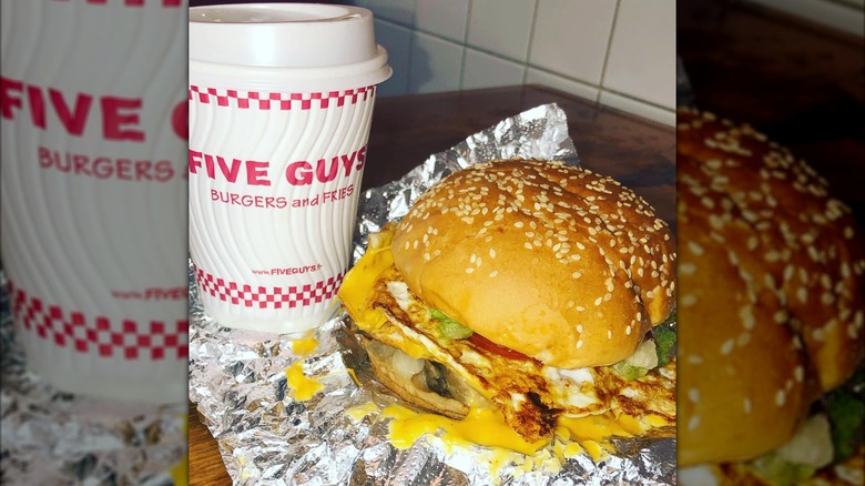 Five Guys breakfast sandwich and coffee