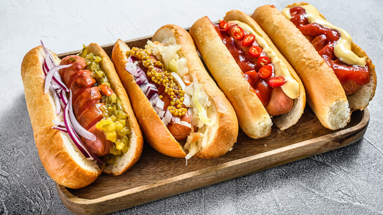 Hot dogs with various toppings