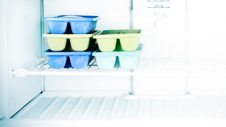 colorful ice cube trays in a freezer