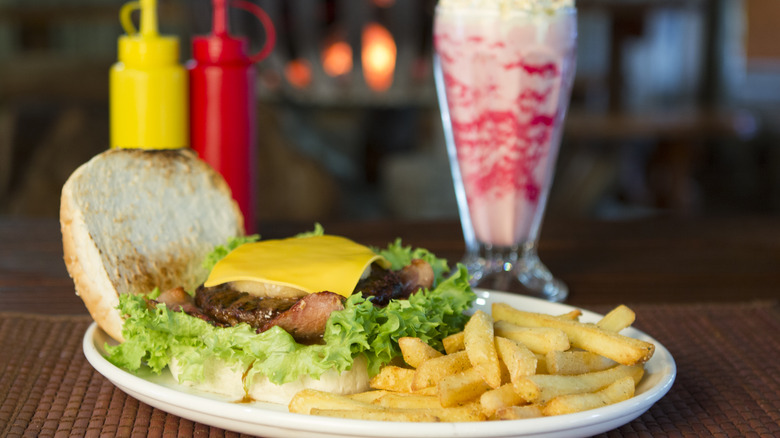 Burger, fries, and milkshake