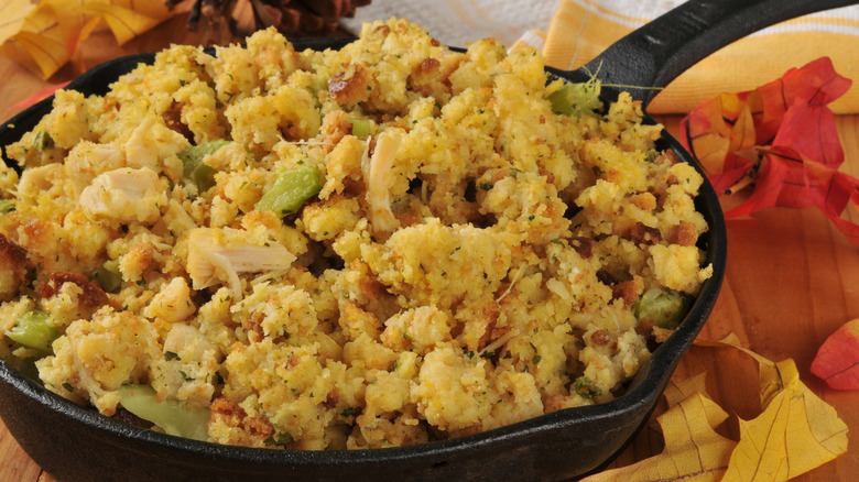 cornbread stuffing served around fall decor