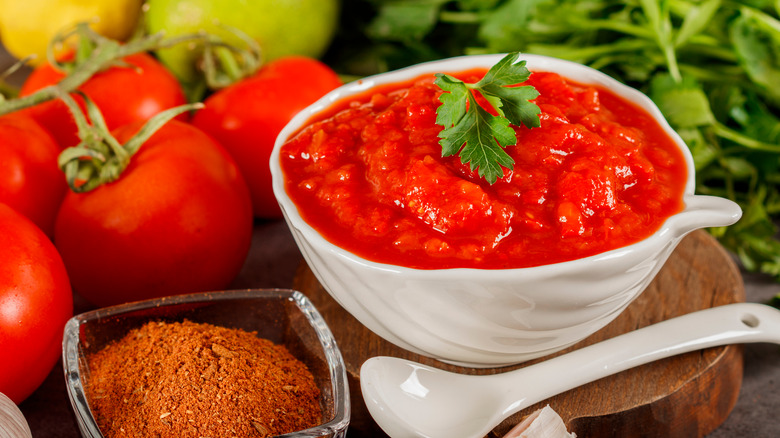 Bowl of salsa with tomatoes and spices
