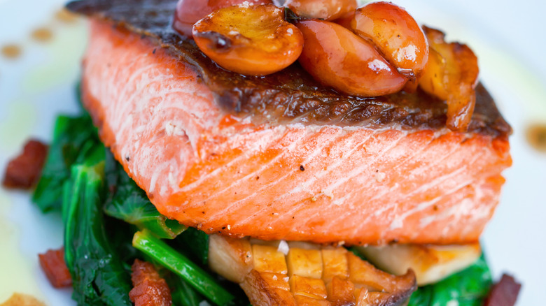 skin seared salmon and vegetables