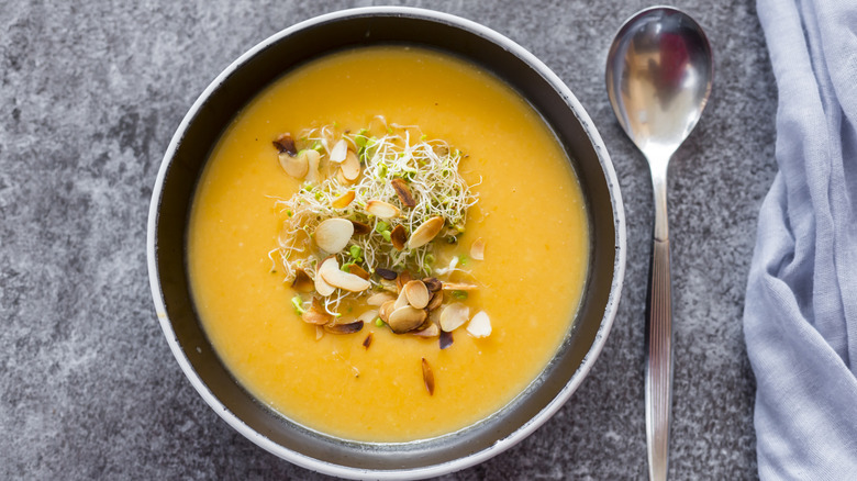 Bowl of sweet potato puree soup.