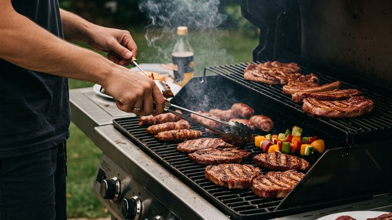Man grilling steaks and vegetable kebabs
