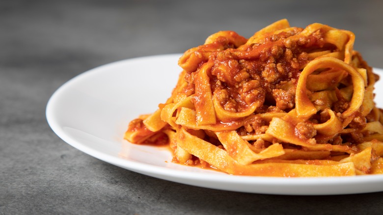 Bolognese with tagliatelle on plate